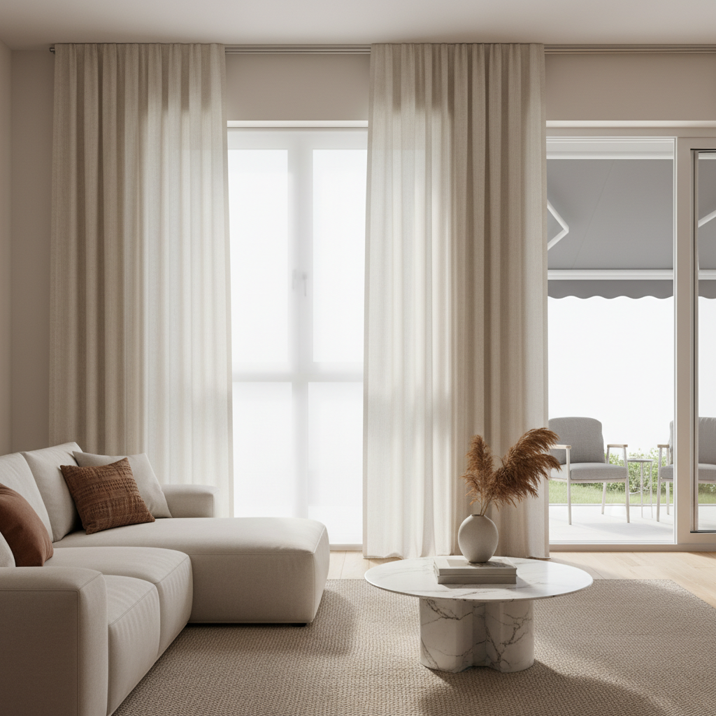 Salón moderno con cortinas a medida elegantes y estores enrollables, ofreciendo protección solar y diseño textil.