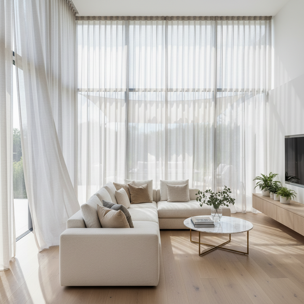 Cortinas a medida translúcidas en un salón moderno y luminoso con toldo exterior retráctil.