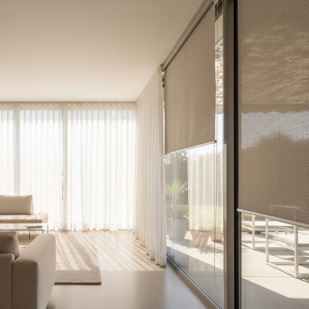 Imagen de cortinas a medida modernas y elegantes en un hogar luminoso, mostrando diferentes opciones de diseño textil y sistemas de protección solar.