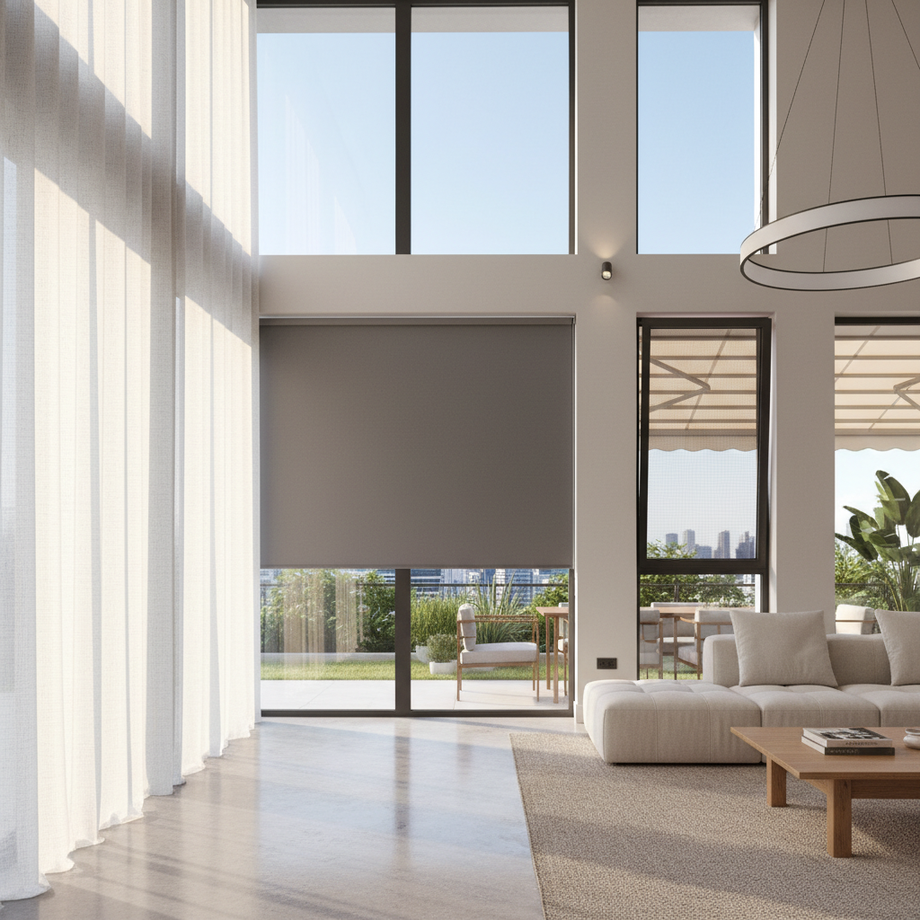 Imagen de alta calidad de cortinas a medida y otros sistemas de protección solar para el hogar, incluyendo estores, toldos y mosquiteras. Diseño moderno y elegante.