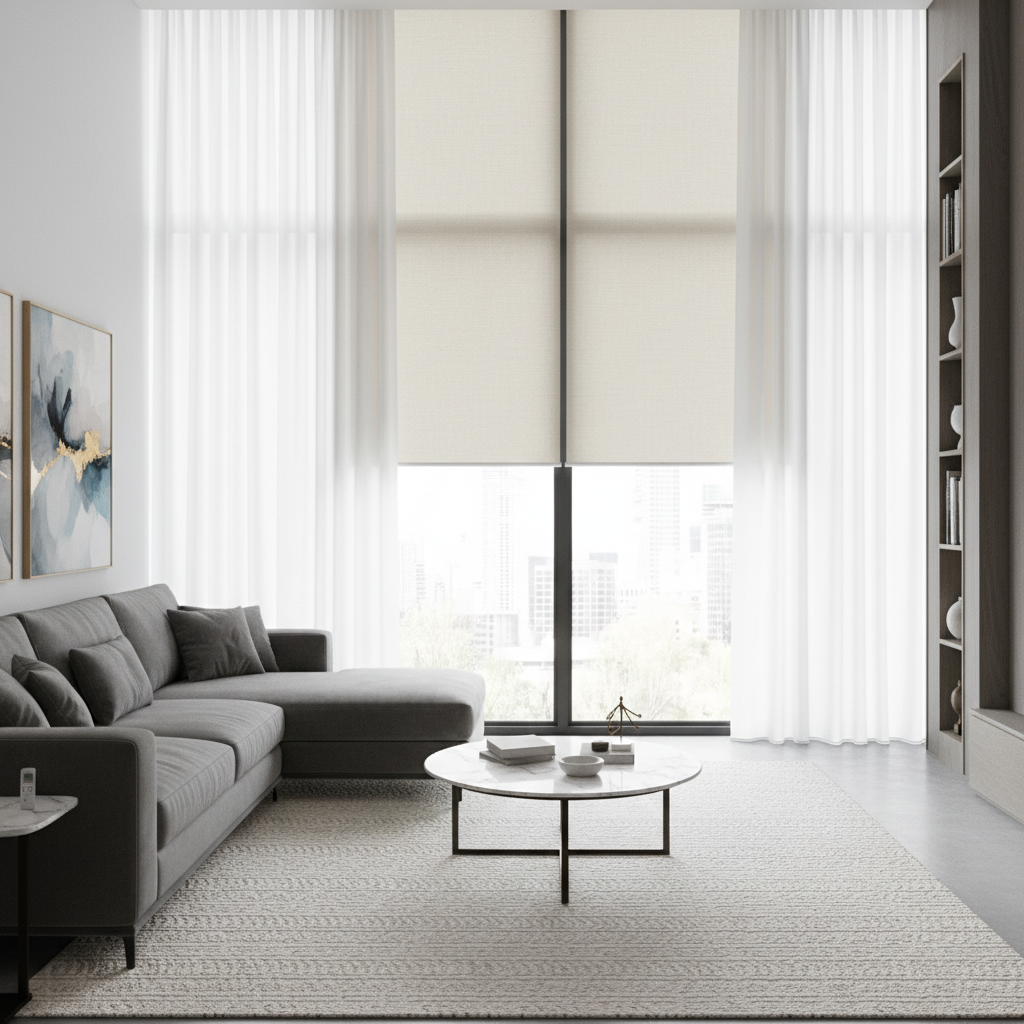 Salón moderno con grandes ventanas y cortinas a medida que combinan elegancia y funcionalidad, incluyendo estores enrollables motorizados para un control óptimo de la luz.