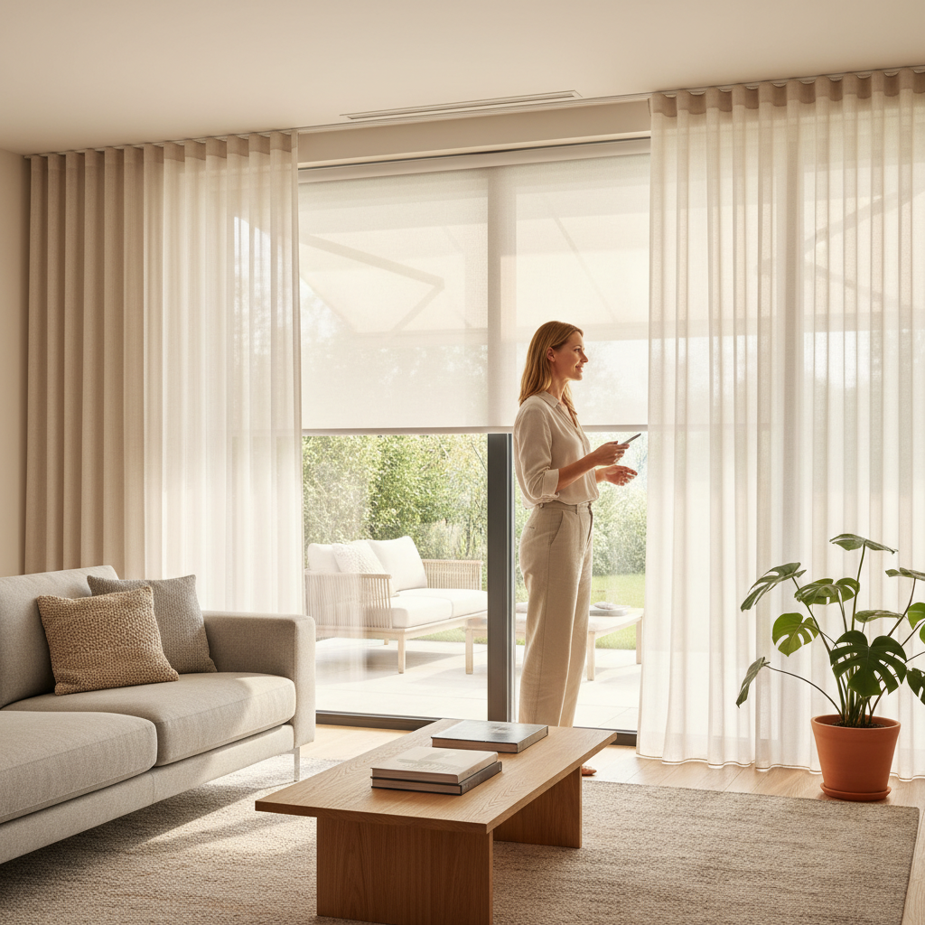 Interior moderno con cortinas a medida, estores motorizados y toldo en el patio, proporcionando protección solar y confort en el hogar.