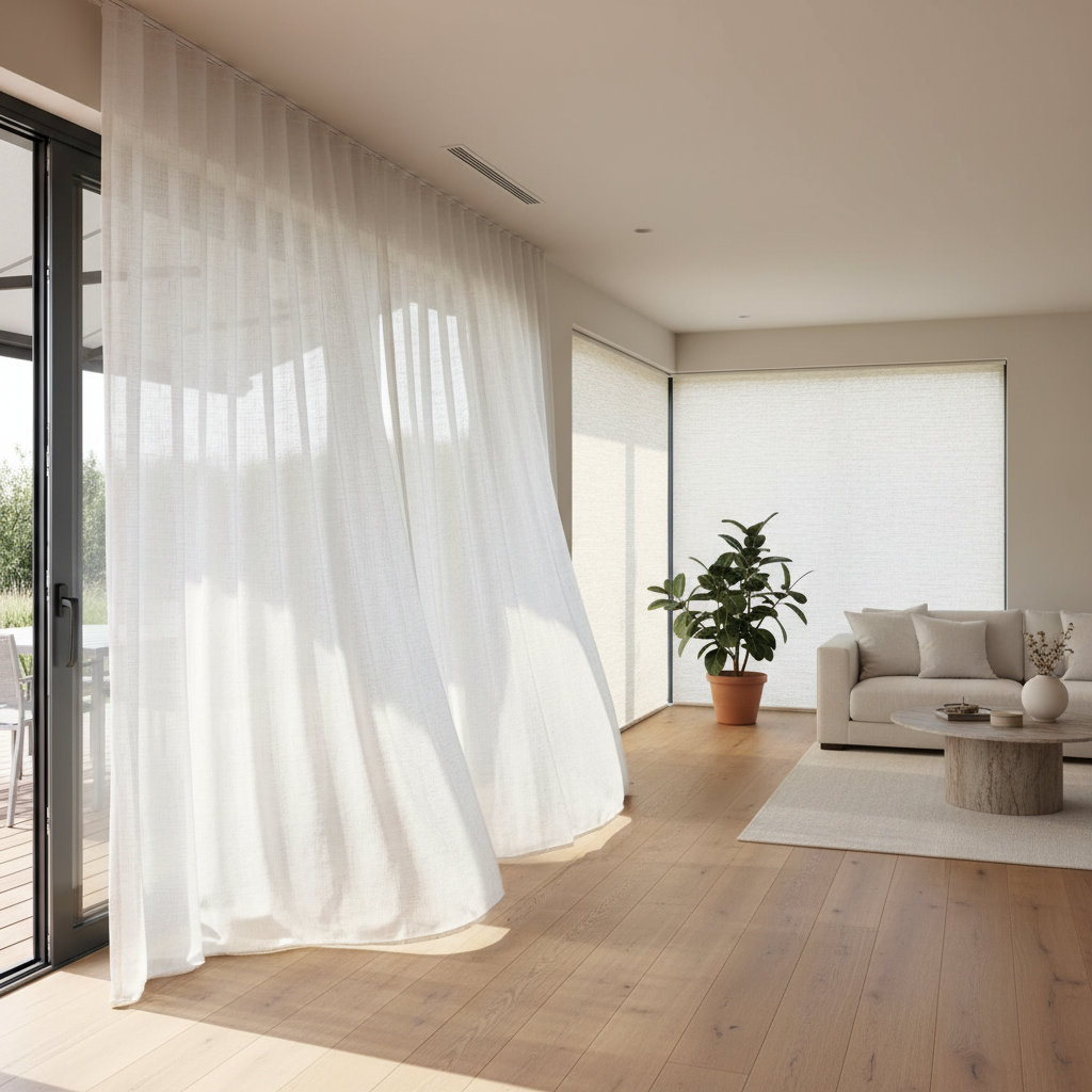 Salón luminoso con cortinas a medida, estores enrollables y toldo motorizado, mostrando soluciones de diseño textil y protección solar.