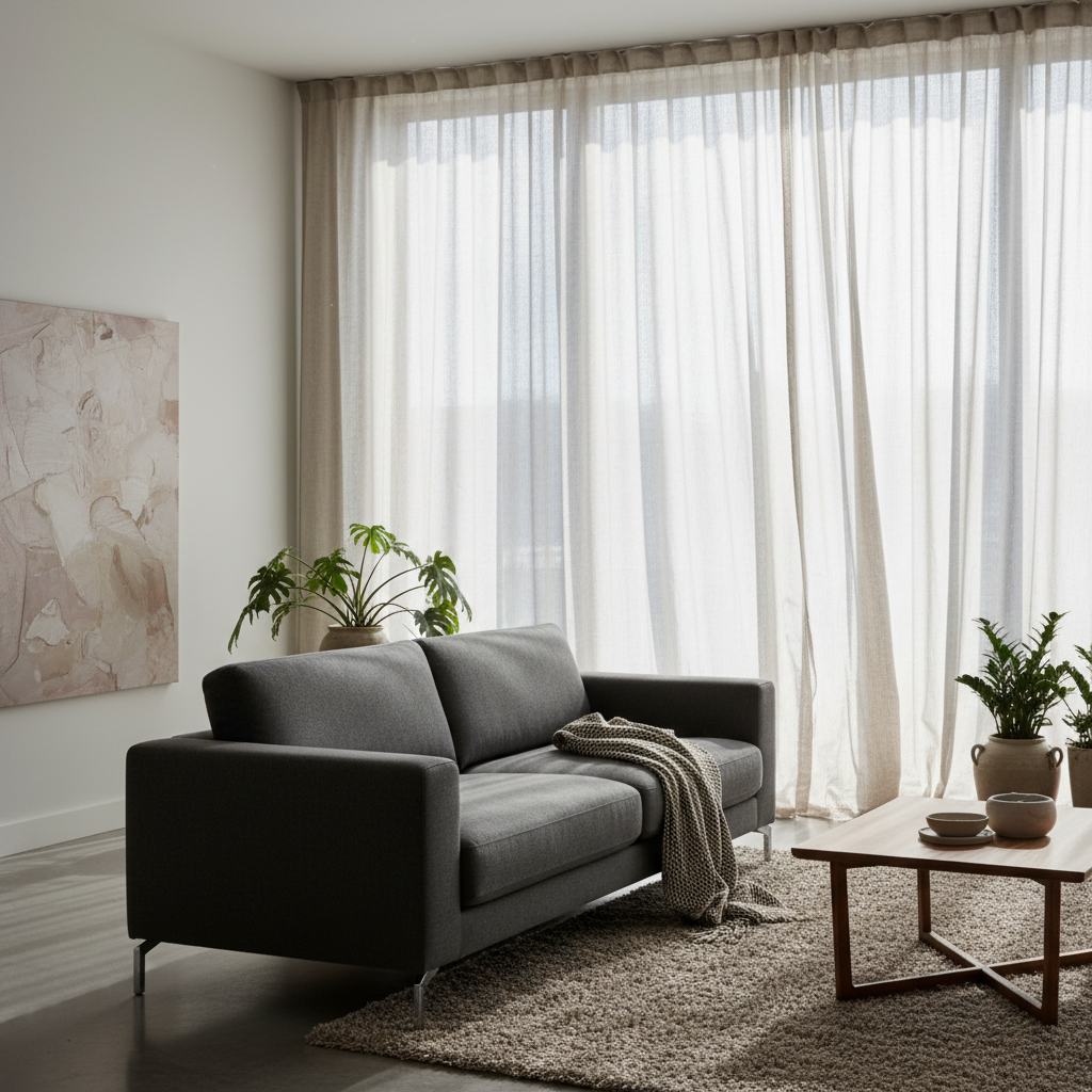Elegante salón moderno con grandes ventanales y cortinas a medida de lino que filtran la luz natural, creando un ambiente cálido y acogedor.